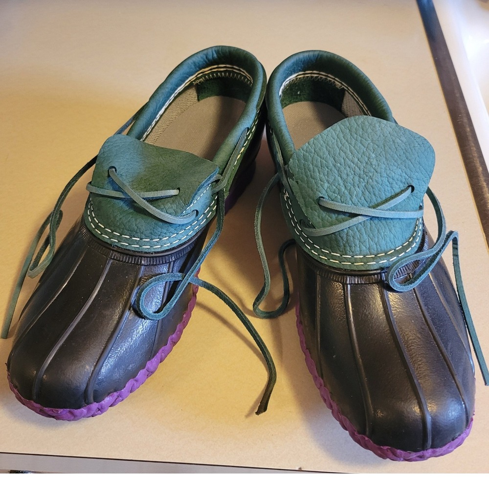 Rare VTG LL Bean Low Moc Duck Boots Sz 9 Teal Green Leather & Purple Maine Made